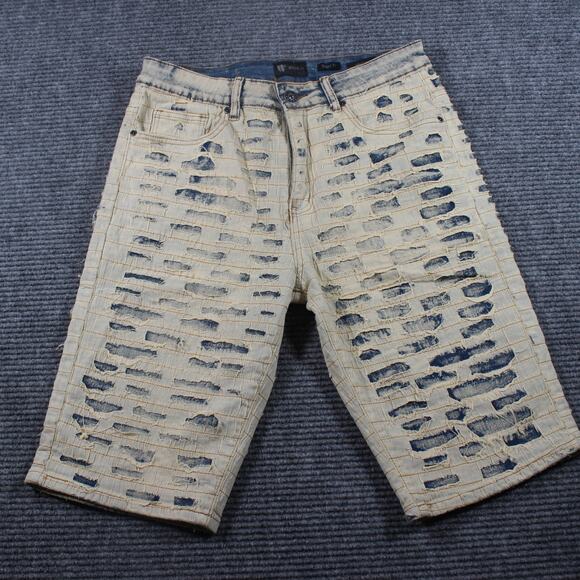 Waimea Denim Shorts Mens 32 Beige Skinny Fit Ripped Lattice Button Fly - Picture 1 of 7